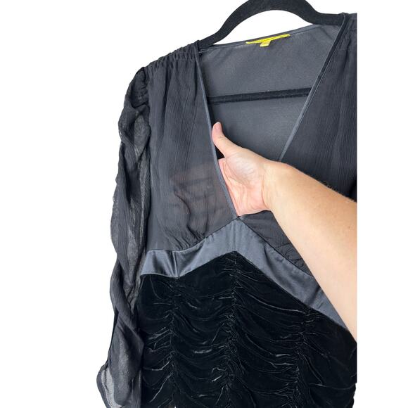 Catherine Malandrino Black Deep-V Gauze Satin Velvet Ruched 3/4 Sleeve Blouse S - Picture 5 of 12